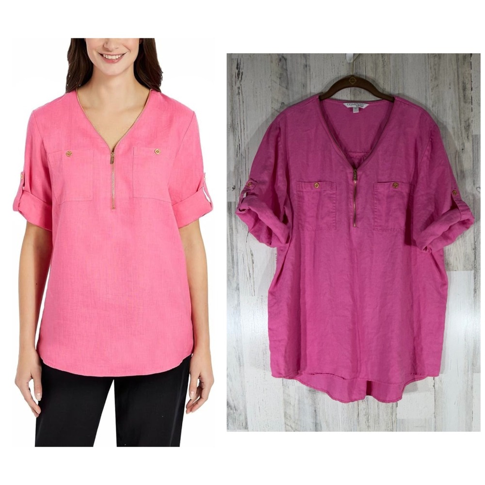 Ellen Tracy Linen V Neck Zip Collar Shirt Women XL Pink Roll Tab Sleeves